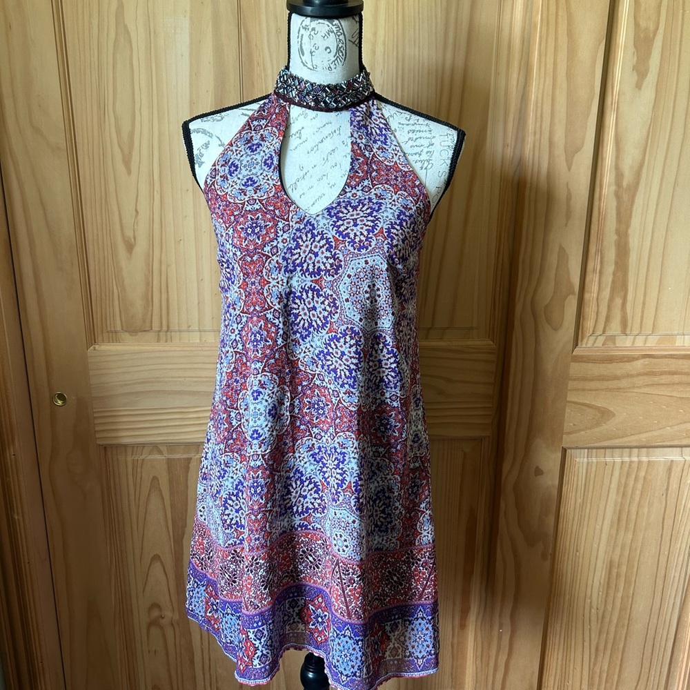 Beaded Neckline Printed Women’s Dress